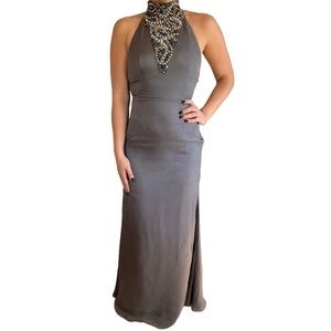 Jovani Halter Gown with Sequins Grey